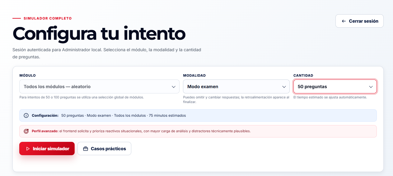 Pantalla de configuración del simulador CEH v13 con selección de módulo, modalidad y cantidad de preguntas.
