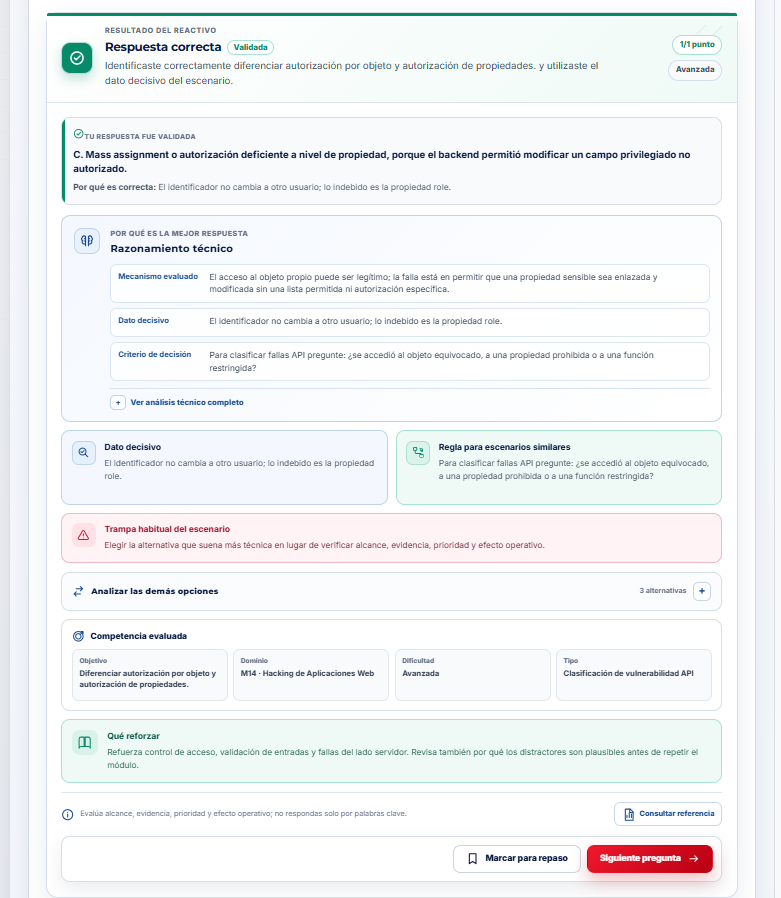 Ejemplo de retroalimentación inmediata cuando la respuesta del alumno fue correcta.
